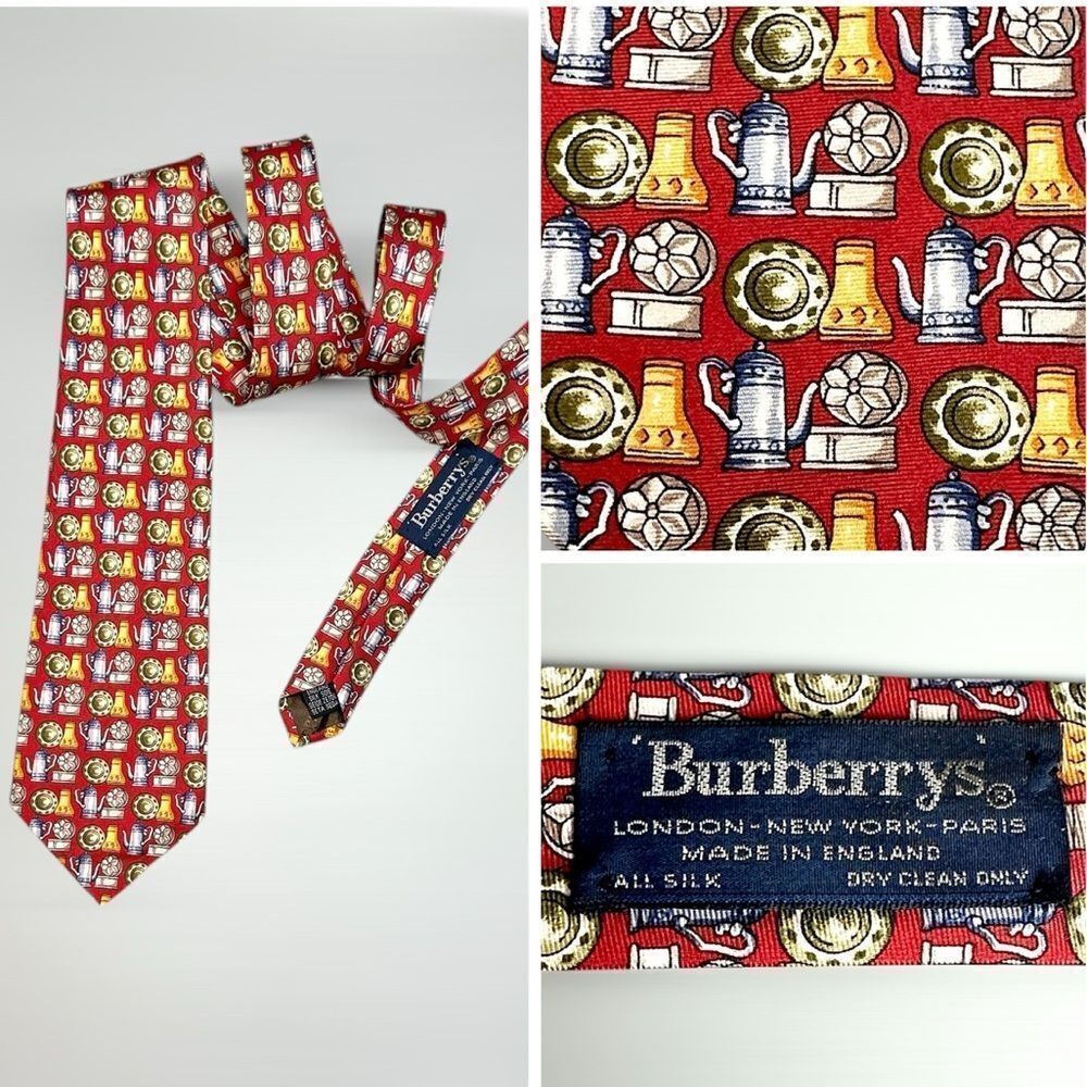 Burberry Silk Neck Tie Red Teapots Print Vintage made in England Excellent